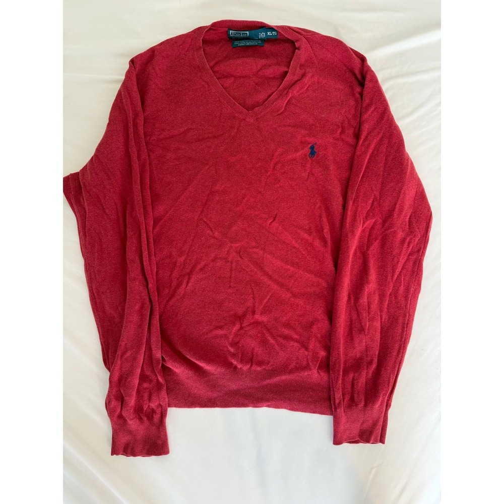 Polo Ralph Lauren Mens XL Pima Cotton V-Neck Sweater Red Navy Pony Logo XL/TG